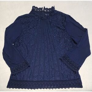 Chicos Floral Lace Shirt Size (3) 14 XL Blue Bell Sleeve Pullover Mock Lace Neck